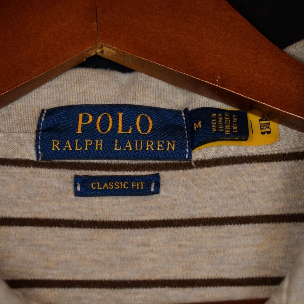 Polo Ralph Lauren Polo Shirt Mens M Beige Brown Striped Classic Fit Cotton